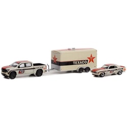 Chevrolet Silverado and Camaro with Car Trailer Racing Hitch and Tow Series 4 1:64 scale Green Light Collectibles Diecast Model Car Set