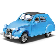 A blue toy car sitting on top of a wooden table. Miniature citroen
