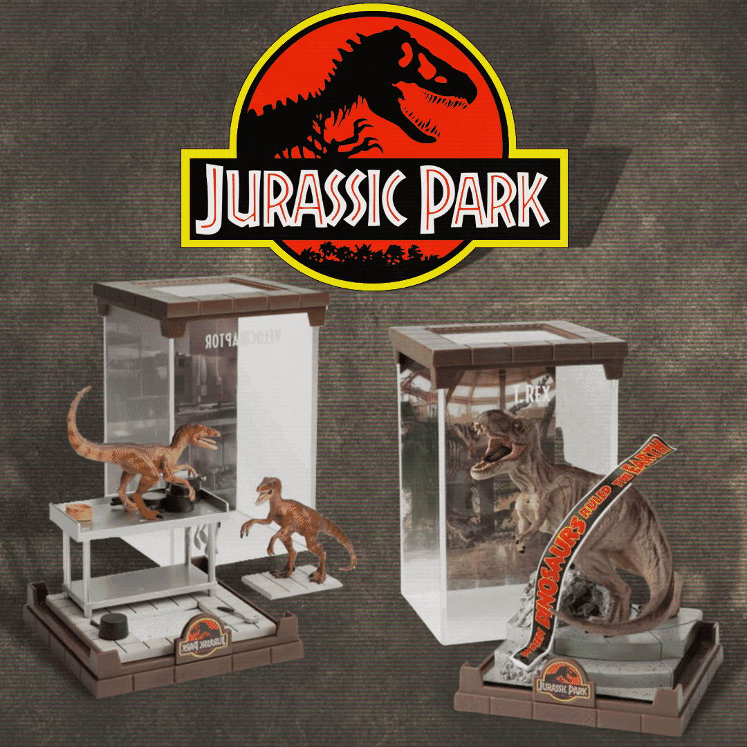 jurassic park velociraptor t.rex statue diorama film noble collection 